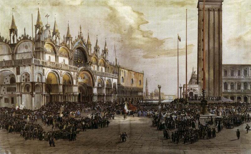 Luigi Querena The People of Venice Raise the Tricolor in Saint Mark's Square oil painting image